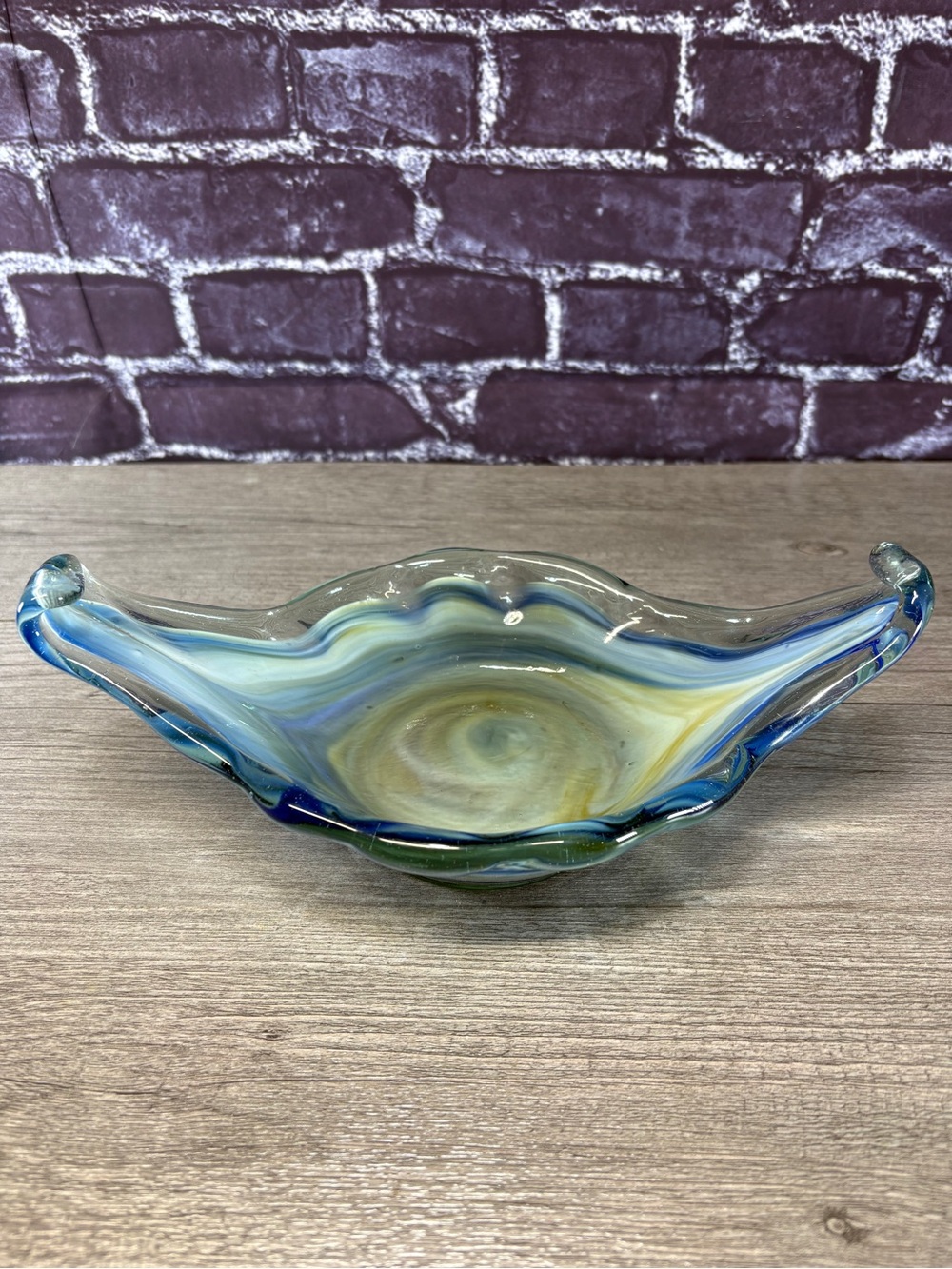 Vintage Handblown Blue and Green Glass Decorative Bowl
